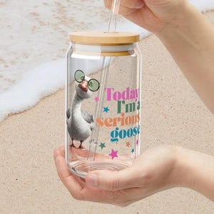 Today I Am Serious Goose – 16oz Sipper Glass /  Funny Goose Cup / Quirky Drinkware / Reusable Glass Tumbler / Funny Gift Goose Sipper Glass