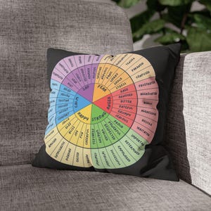 Puede incluir: Coj&iacute;n cuadrado negro con un dise&ntilde;o de rueda de emociones colorida. La rueda est&aacute; dividida en secciones etiquetadas con varios sentimientos como feliz, triste y enojado. El coj&iacute;n est&aacute; sobre un sof&aacute; gris.