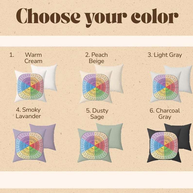 Puede incluir: Imagen que presenta seis juegos de cojines en varios colores: Crema C&aacute;lido, Beige Melocot&oacute;n, Gris Claro, Lavanda Ahumado, Salvia Polvorienta y Gris Carb&oacute;n. Cada juego incluye un coj&iacute;n cuadrado con un dise&ntilde;o colorido y un coj&iacute;n liso.