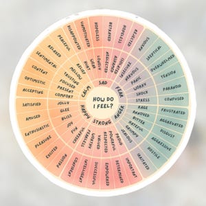 Emotional Feeling Wheel Sticker 3&#39;&#39;, 4&quot; or 6&quot; Sizes, Self-Awareness Tool, Therapy Decor,  Gift for Emotion Tracking, Self-Care, Journaling
