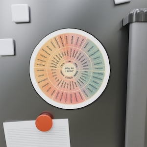 Op de afbeelding: Een ronde magneet met een kleurrijk ontwerp. De magneet heeft een wiel dat is verdeeld in secties, elk met een ander gevoel. De tekst "How Do I Feel?" staat in het midden. De magneet zit op een grijze koelkast.