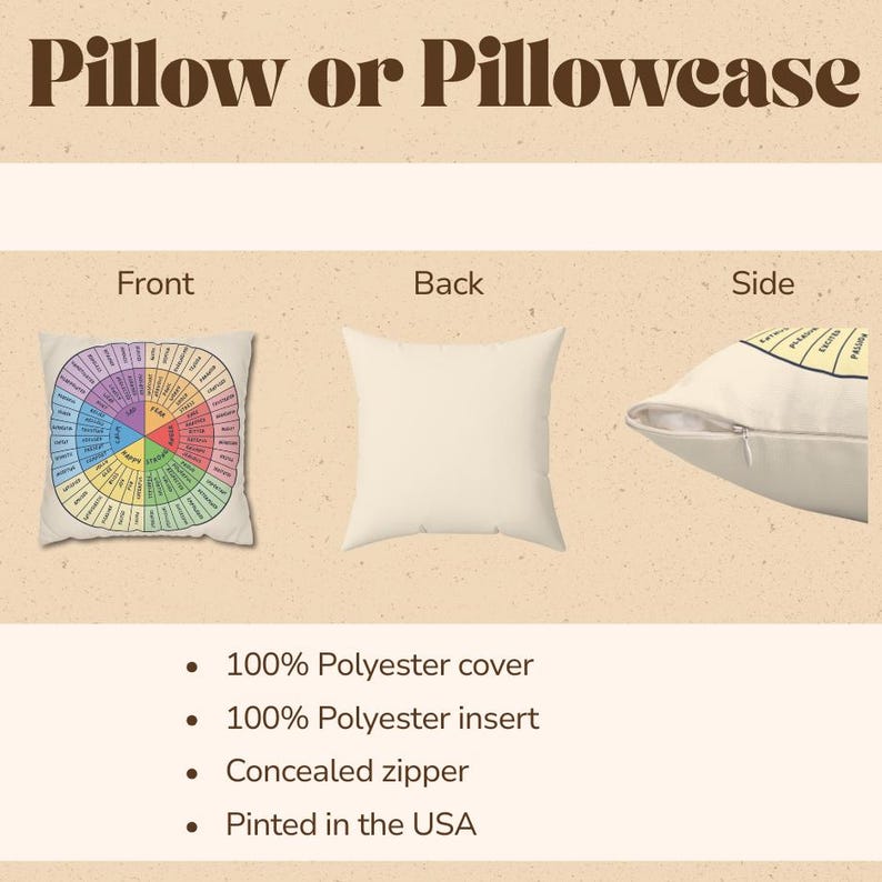 Puede incluir: Un juego de tres almohadas. La parte delantera de una almohada muestra una colorida rueda de emociones. La parte trasera de otra almohada es lisa. La vista lateral muestra una cremallera oculta. Las almohadas son 100% poli&eacute;ster e impresas en EE. UU.