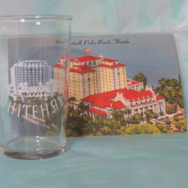 Set 6 1940s WHITEHALL Hotel Museum Palm Beach Bar/Juice Glasses + Vintage Post Card Lot