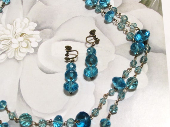 Vintage 1940s Long Necklace Earrings Set Blue Cry… - image 2