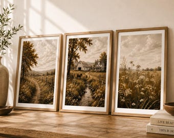 Rustic Countryside Posters, Set of 3, Farmhouse Landscape Prints, Neutral Cottagecore Decor,  Vintage Meadow & Barn Printable Wall Art