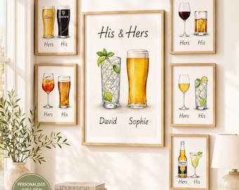 Custom Drinks Poster, Bar, Drinks Wall Art, Personalised His & Hers Drink Print, Beer, Cocktail, Couple Gift Poster, A4 A3 Digital Download