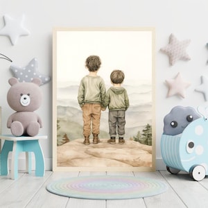 Brother Adventure Wall Art | Boys Room Decor | Mountain Nursery Print | Two Brothers Painting | Sibling Bond Printable Art | Keepsake Gift