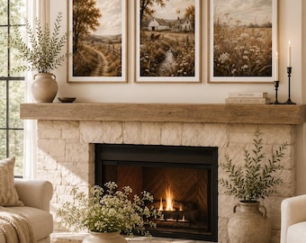 Pósteres rústicos de campo, juego de 3, láminas de paisajes de granja, decoración cottagecore neutra, arte de pared imprimible vintage de prado y granero