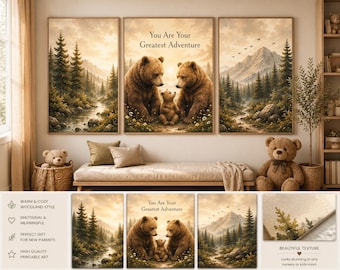 Bear Family Poster Set of 3, Woodland Nursery Wall Art, Forest Animal Prints, Neutral Bear Nursery Decor, Boys Room Printable, A4 A3 Digital