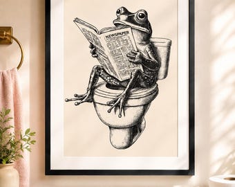 Funny Frog Toilet Poster, Bathroom Humour Wall Art Print, Frog Reading Newspaper, Quirky Animal Poster, Bathroom Wall Decor, A4 A3 Gift Idea