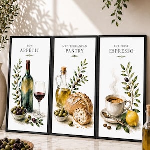 Mediterranean Kitchen Wall Art Set of 3, Olive Oil Prints, Italian Kitchen Decor, Espresso Coffee Art, Wine, Bread, Lemon Kitchen Prints