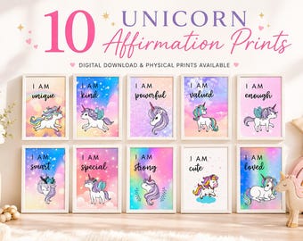 10 Unicorn Prints for Girls Room, Positive Kids Affirmations Wall Art Decor, Printable Nursery Playroom Decor, A4 A3 Digital Download