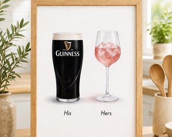 Plakat z Guinnessem i koktajlami, wydruk z drinkami dla niej i dla niego, prezent ślubny dla pary, prezent na rocznicę, dekoracja baru, prezent dla miłośnika piwa, format A4/A3