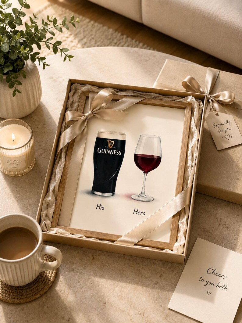 May include: A framed print featuring a pint of Guinness and a glass of red wine, labeled "His" and "Hers." The print is in a gift box with a ribbon and a tag that says "Especially for you." A card reads "Cheers to you both."