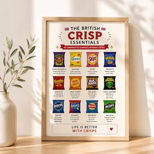 May include: A framed poster titled The British Crisp Essentials featuring illustrations of twelve snack bags including Monster Munch, Quavers, Skips, Wotsits, Frazzles, Hula Hoops, Nik Naks, Space Raiders, Discos, Squares, Walkers, and McCoy's.