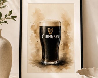 Lámina de Guinness, Arte de pared de cerveza, Decoración de pub irlandés, Carrito de bar para el hogar, Póster de cerveza en acuarela, Regalo de Guinness, Decoración de carrito de bar, Descarga digital A4 A3