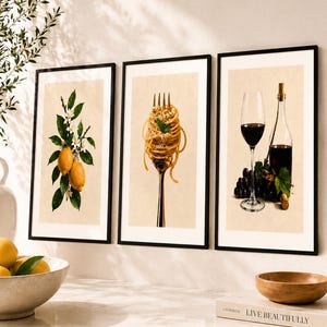 Set mit 3 mediterranen Küchenbildern, Wandbilder mit Zitronenpasta und Rotwein, mediterrane Wandkunst, italienischer Landhausstil, rustikale neutrale Küche