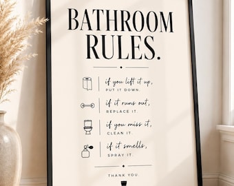 Bathroom Rules Print, Funny Bathroom Wall Art, Neutral Bathroom Decor, Guest Bathroom Sign, Modern Toilet Poster, A4 A3 Digital Download