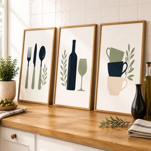 Juego de 3 láminas para cocina, azul marino y verde salvia, decoración con taza de café, botella de vino y cubiertos, pósteres modernos de estilo bohemio para comedor.
