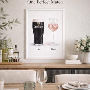 Póster de bebida para él y para ella, cerveza Guinness y copa de cóctel, arte mural para el hogar, regalo para parejas, decoración divertida de bar, cocina, impresión A4 o A3