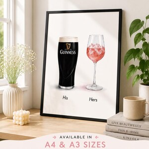 May include: Framed wall art featuring a pint of Guinness and a cocktail in a wine glass, labeled "His" and "Hers." The print includes the text "FUNNY & RELATABLE WALL ART" and "Perfect for Any Room."