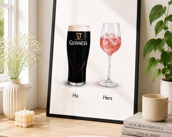 Couples Poster, His and Hers Drinks Print, Wedding Gift for Couple, Anniversary Gift, Bar Cart Decor, Guinness Beer & Cocktail Glass, A4 A3