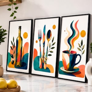 Küchenwandbild-Set (3-teilig), moderne, farbenfrohe Küchendekoration, Kaffeewandbild, Olivenölflaschen-Motiv, Esszimmerkunst, Kunstdruck