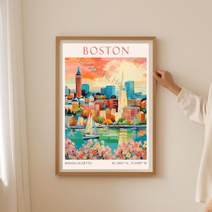 Boston Travel Print, Boston Skyline Wall Art, Vintage Watercolour City Poster, Floral Harbour Scene, Travel Lover Gift, Digital Download Art