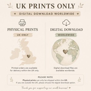 May include: A beige graphic with text that reads "UK Prints Only" and "Digital Download Worldwide." It details physical prints available in the UK and digital downloads worldwide. Includes a map of the UK and a globe.