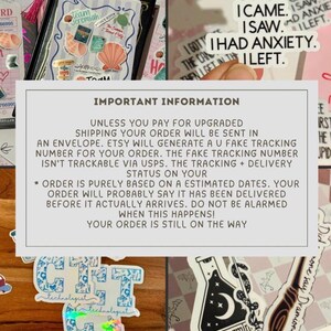 May include: A collage of stickers and a journal. The journal has a black cover with stickers of seashells and the text "Team Jeremiah". Stickers include text: "I came, I saw, I had anxiety, I left". Other stickers have the words "technologist" and "spearmin parchment greena".