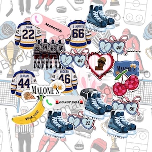 May include: A digital collage featuring hockey-themed stickers including blue and white jerseys with names like Logan, Di Laurentis, and Tucker, blue ice skates, heart-shaped tags with numbers, a banana with text, and cherries with the text Malone's.