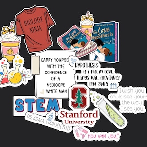 May include: A collection of stickers with a STEM theme. Includes a red t-shirt with "Biology Ninja" text, a book titled "The Love Hypothesis", and a Stanford University logo. Also features science-related graphics and quotes.