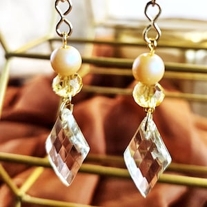Champagne Crystal Dangle Earrings: Pearl Accent, Wedding Jewelry