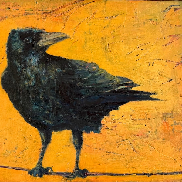 Crow on a Wire Art Print, Black Bird Wall Art, Textured Orange Yellow Painting, Modern Raven Decor