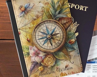 Funda de cuero para pasaporte, funda personalizada para pasaporte, cartera personalizada para pasaporte, estuche para pasaporte, funda vintage bohemia con estampado floral para pasaporte