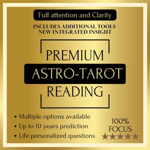 May include: A gold-coloured graphic with the text "Full attention and Clarity" and "Premium Astro-Tarot Reading." Additional text includes "Includes additional tools, new integrated insight," and bullet points listing options, predictions, and personalized questions.