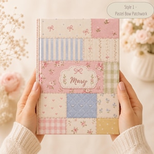 May include: A rectangular notebook featuring a patchwork cover design with various pastel patterns including pink bows, blue stripes, floral prints, green gingham, and small hearts. A central scalloped label displays the name Mary.