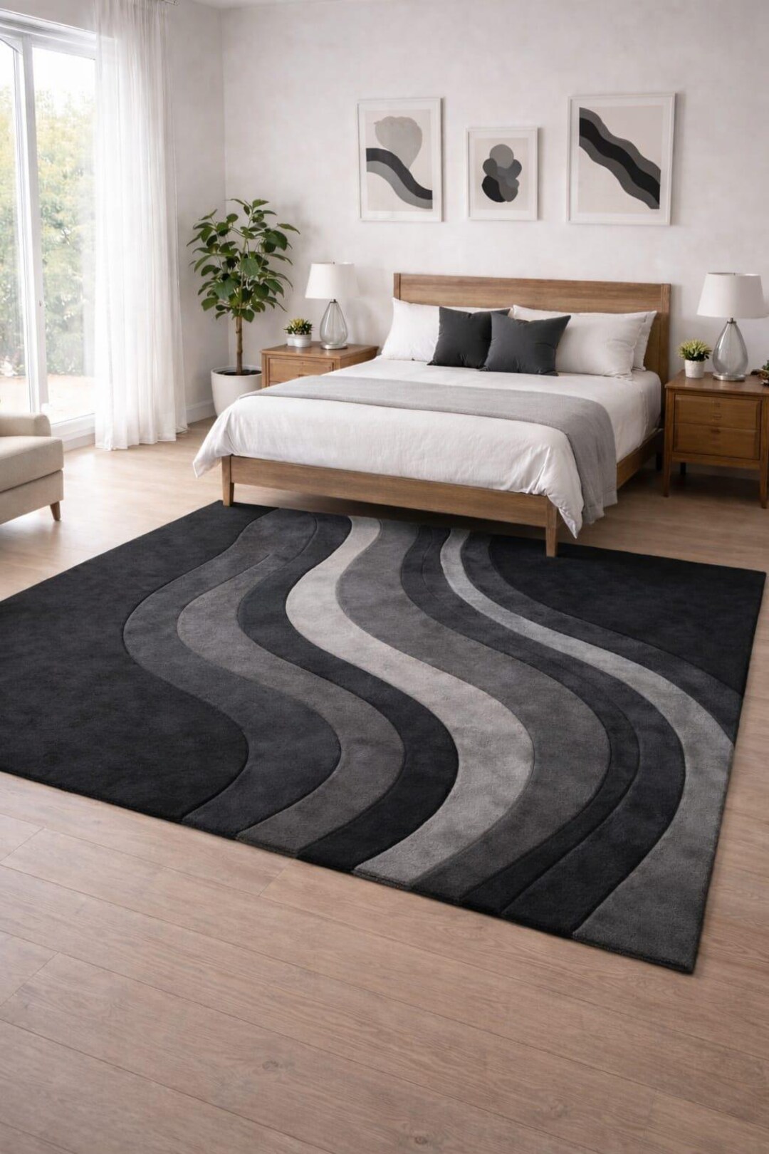 Wool Wave Rug Hand Tufted Wool Wave Rug, Modern Black Grey Abstract Carpet - Etsy