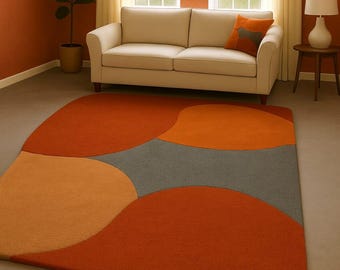 Hand Tufted Orange Abstract Rug, Mid Century Modern Carpet