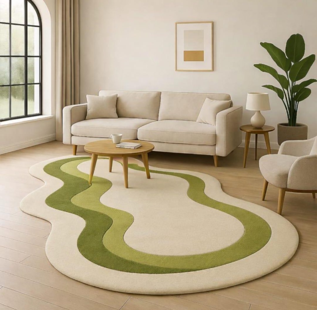 Hand Tufted Organic Wave Rug, Green Cream Abstract Area Carpet, Modern ...