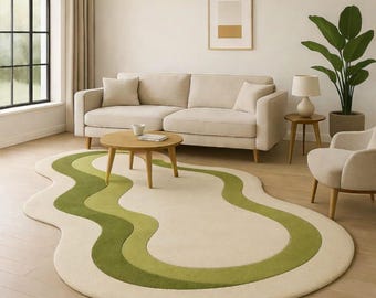 Hand Tufted Organic Wave Rug, Green Cream Abstract Area Carpet, Modern Wool Rug for Living Room Bedroom Home Decor