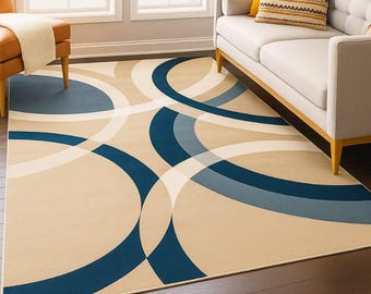 Hand Tufted Wool Rug: Modern Geometric Circles, Blue Beige Carpet