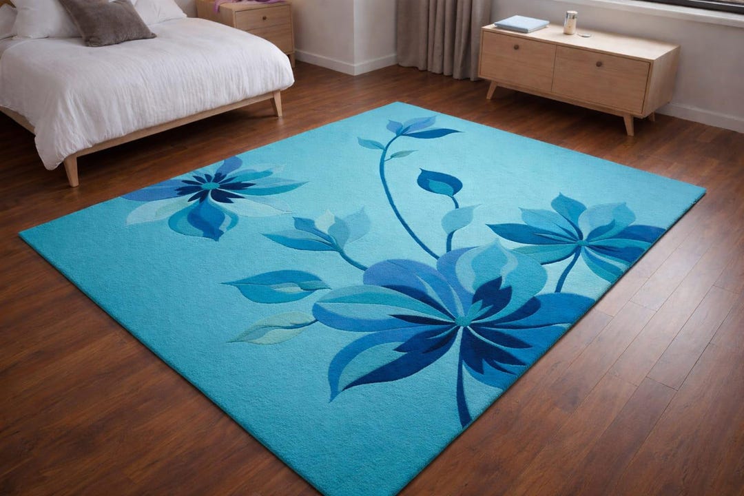 Blue Floral Hand Tufted Wool Rug, Modern Flower Area Carpet - Etsy