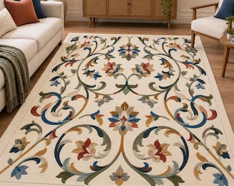 Hand Tufted Floral Wool Rug, Ivory Botanical Area Rug, Colorful Traditional Carpet, Handmade Living Room Rug, Custom Size Rug