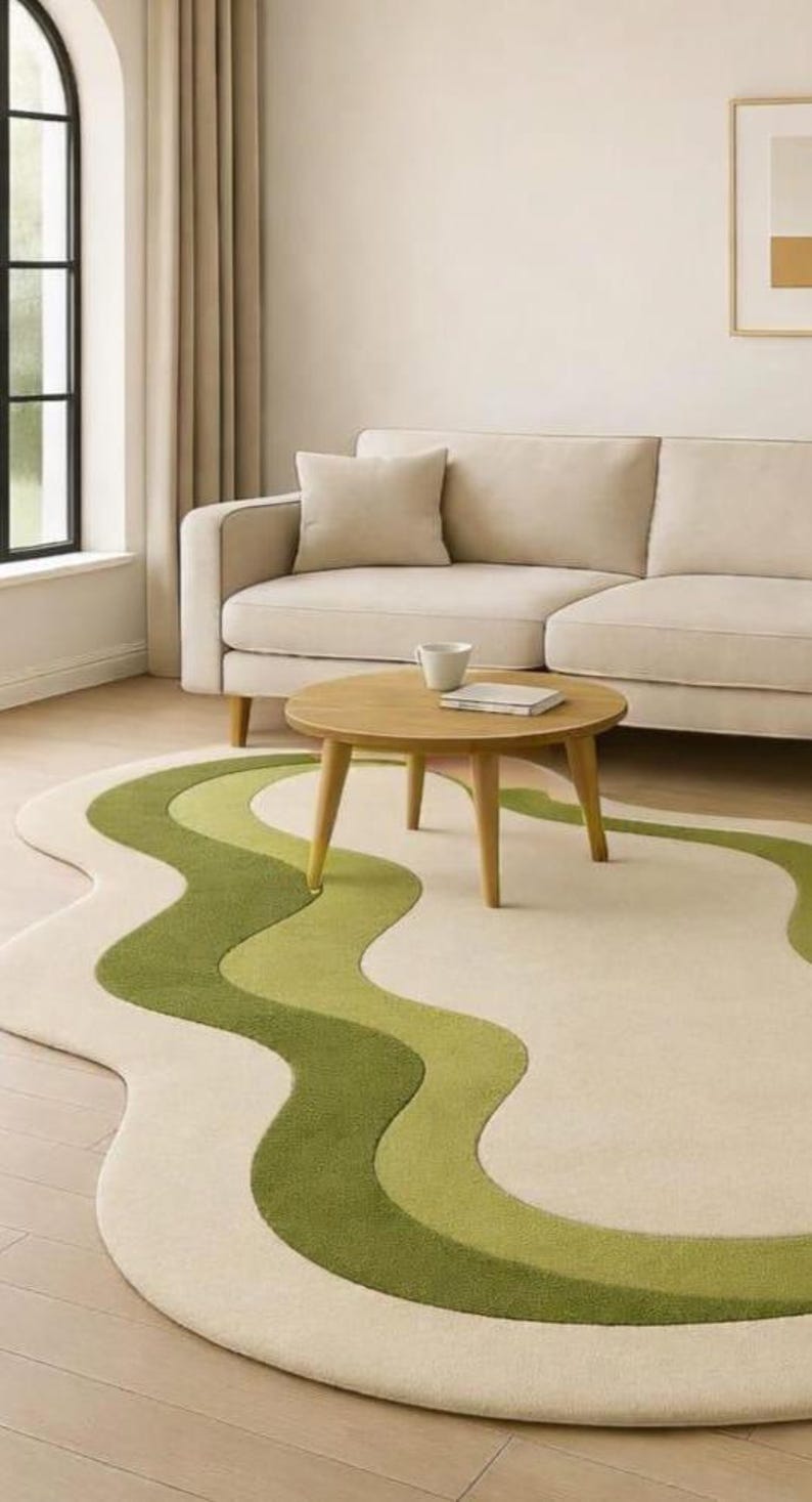 Hand Tufted Organic Wave Rug, Green Cream Abstract Area Carpet, Modern ...