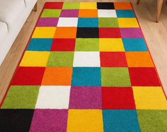 Colorful Checkerboard Hand Tufted Rug, Modern Geometric Wool Area Rug, Bright Living Room Carpet, Custom Sizes Available