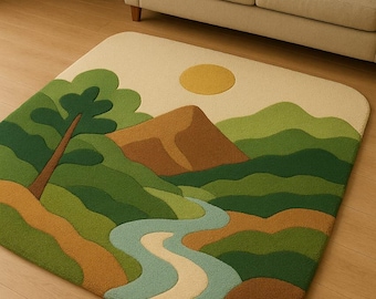 Hand-Tufted Wool Rug, Mountain River Landscape, Earth Tones
