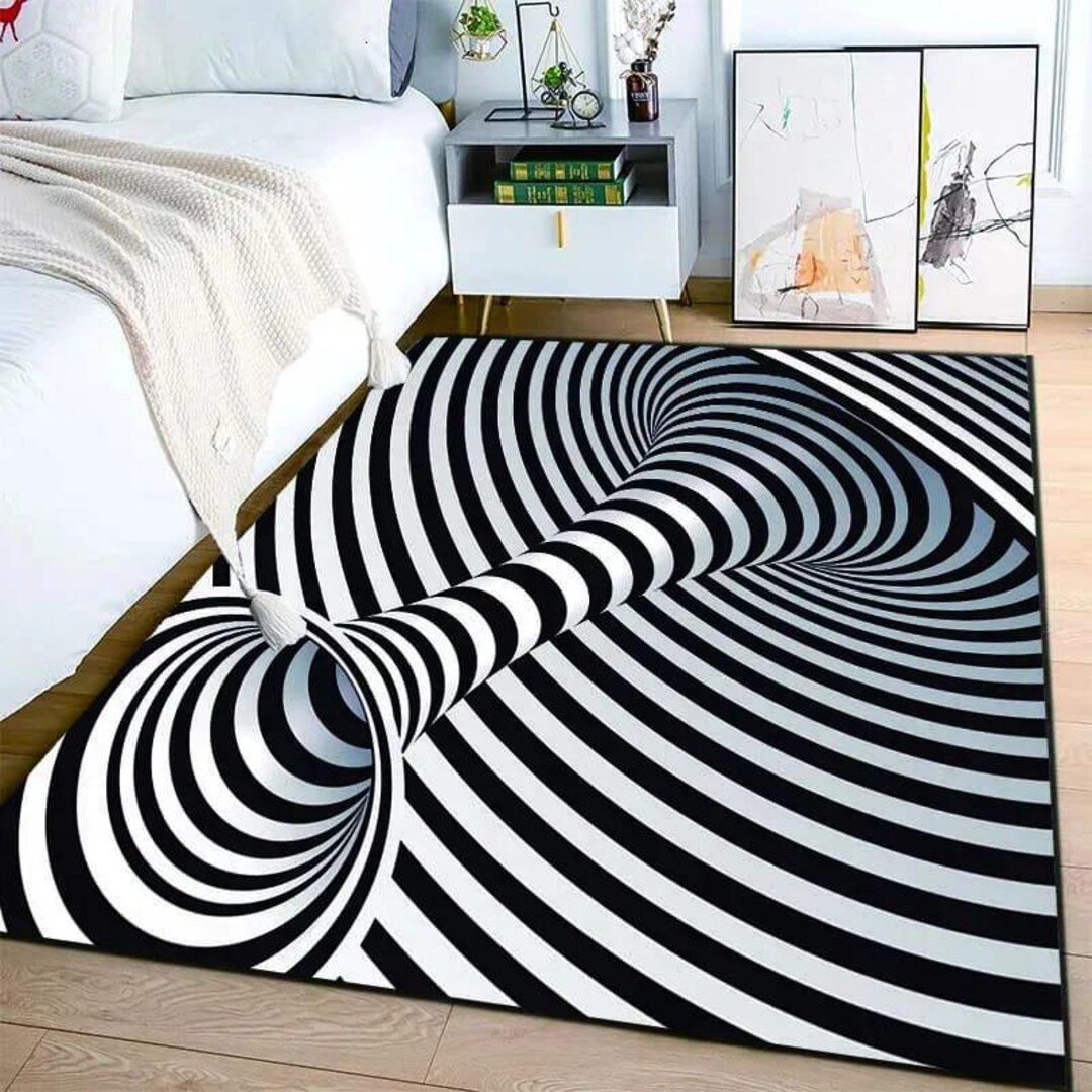 Three Dimension Design Rugs Hand Tufted Optical Illusion Rug Black White 3D Wave Design Modern Area ...