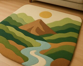 Hand Tufted Wool Landscape Rug: Mountain River Scene