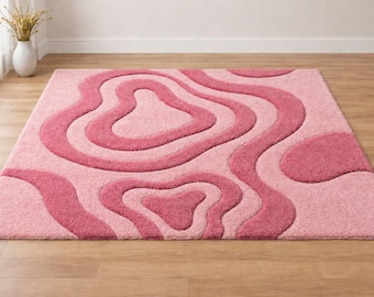 Hand Tufted Pink Abstract Rug, Modern Wavy Area Rug, Soft Plush Carpet, Contemporary Bedroom Living Room Decor Custom Sizes